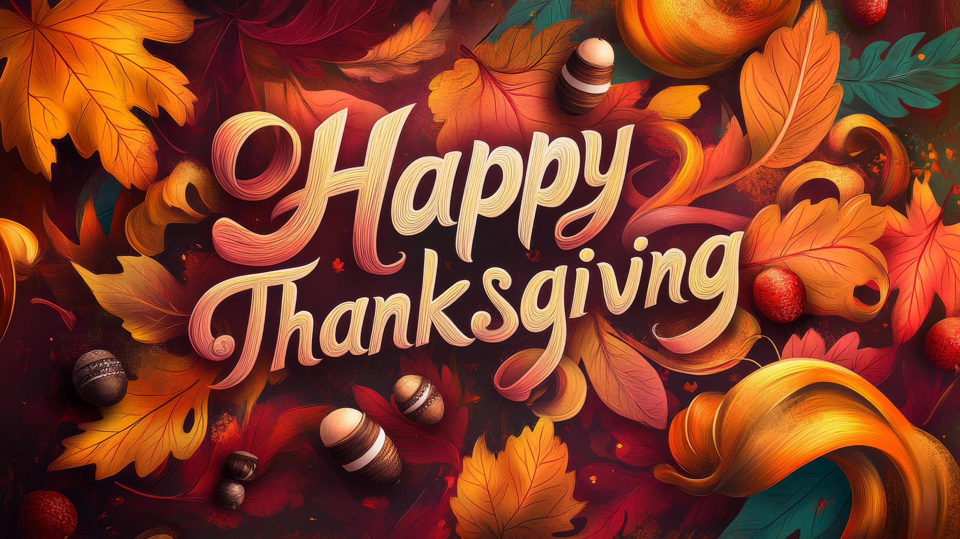 happy thanksgiving wallpaper with hand-lettered message, autumn leaves, and acorns.