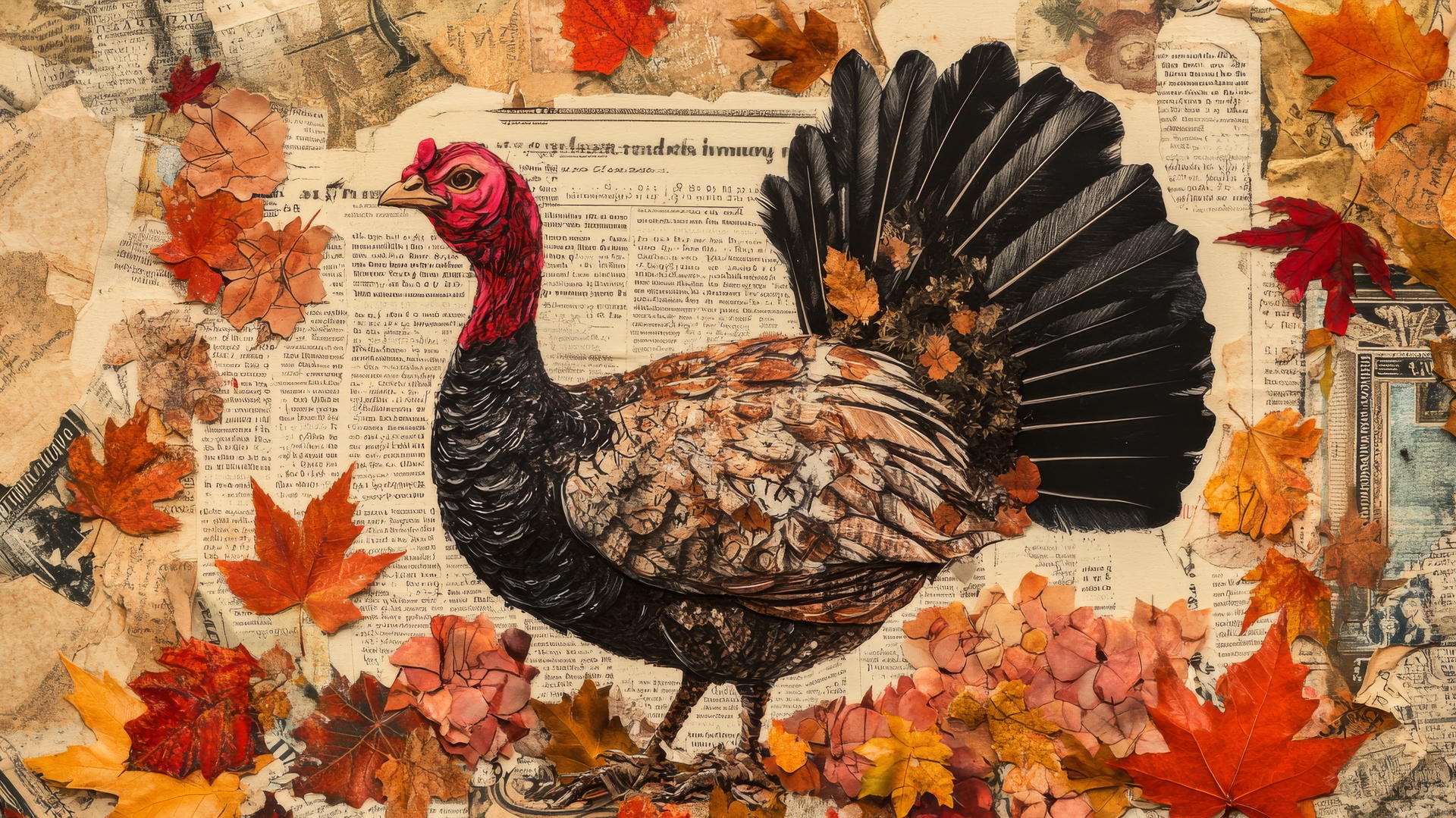 thanksgiving aesthetic wallpaper with newspaper clippings, recipes, leaves, and turkey illustration