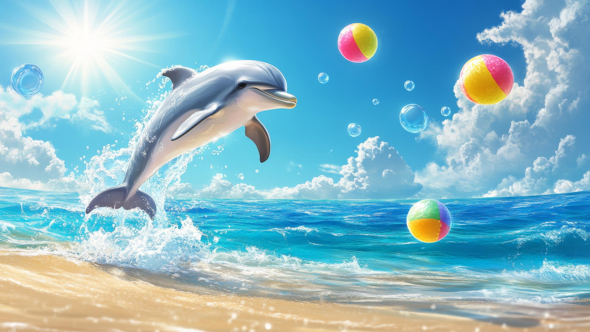 cute summer wallpaper with a dolphin leaping, beach balls, and sea bubbles