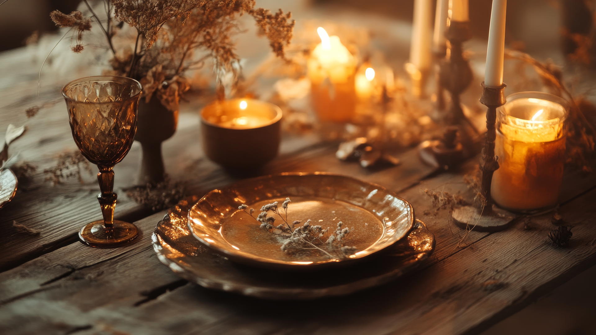 thanksgiving wallpaper aesthetic with rustic table setting, ceramic plates, dried flowers, and amber candlelight