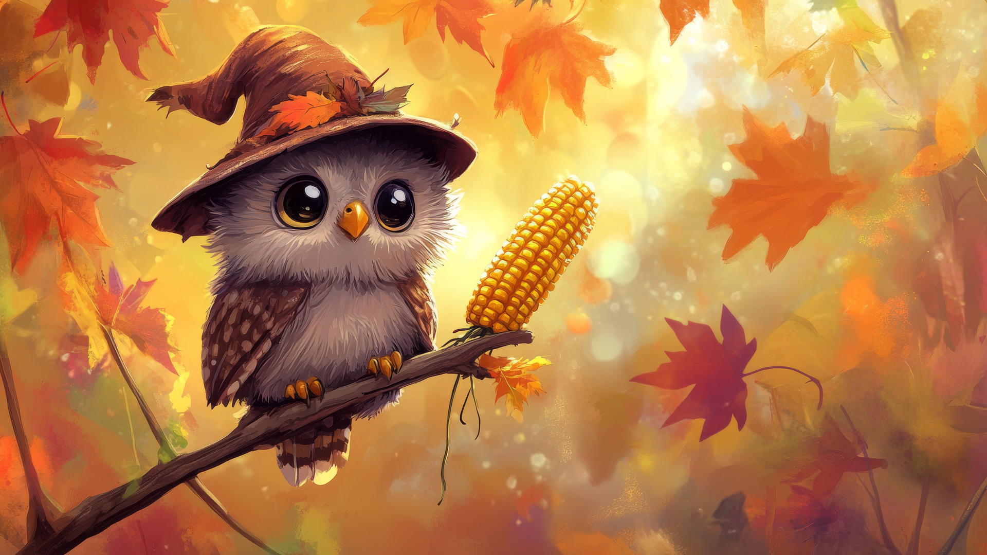 Wallpaper cute thanksgiving backgrounds with fluffy baby owl in pilgrim hat on branch with autumn leaves.