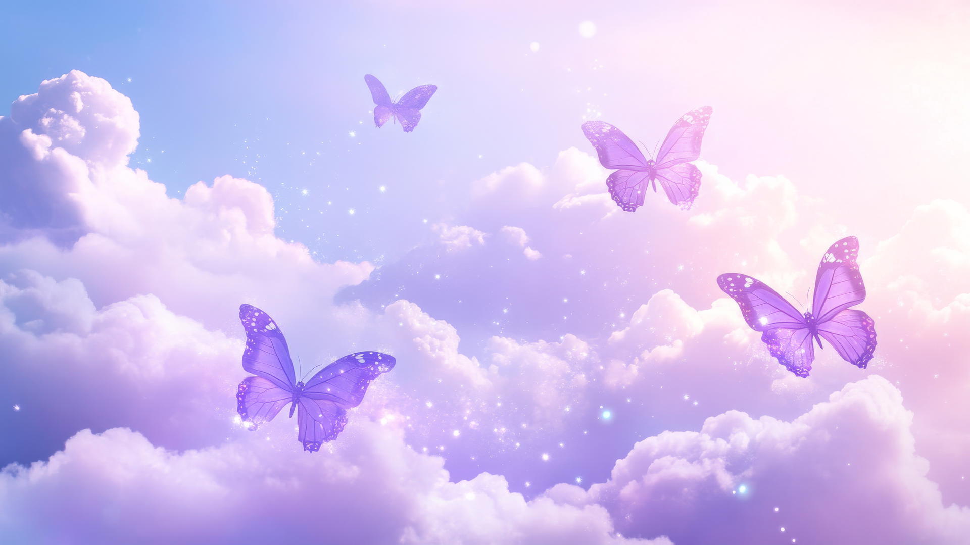 Aesthetic purple wallpaper with butterflies over pastel clouds and sparkles