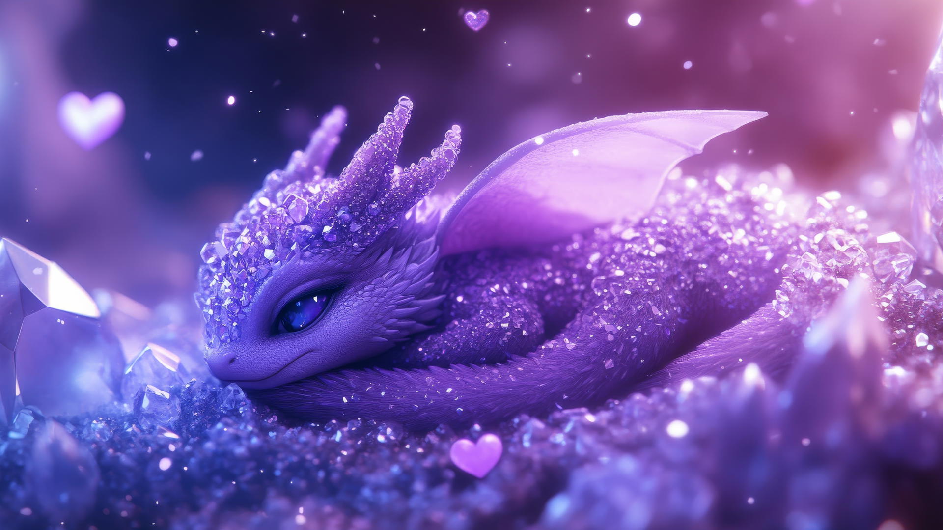 Cute purple wallpaper featuring a dragon curled on glowing crystals with hearts and sparkles.