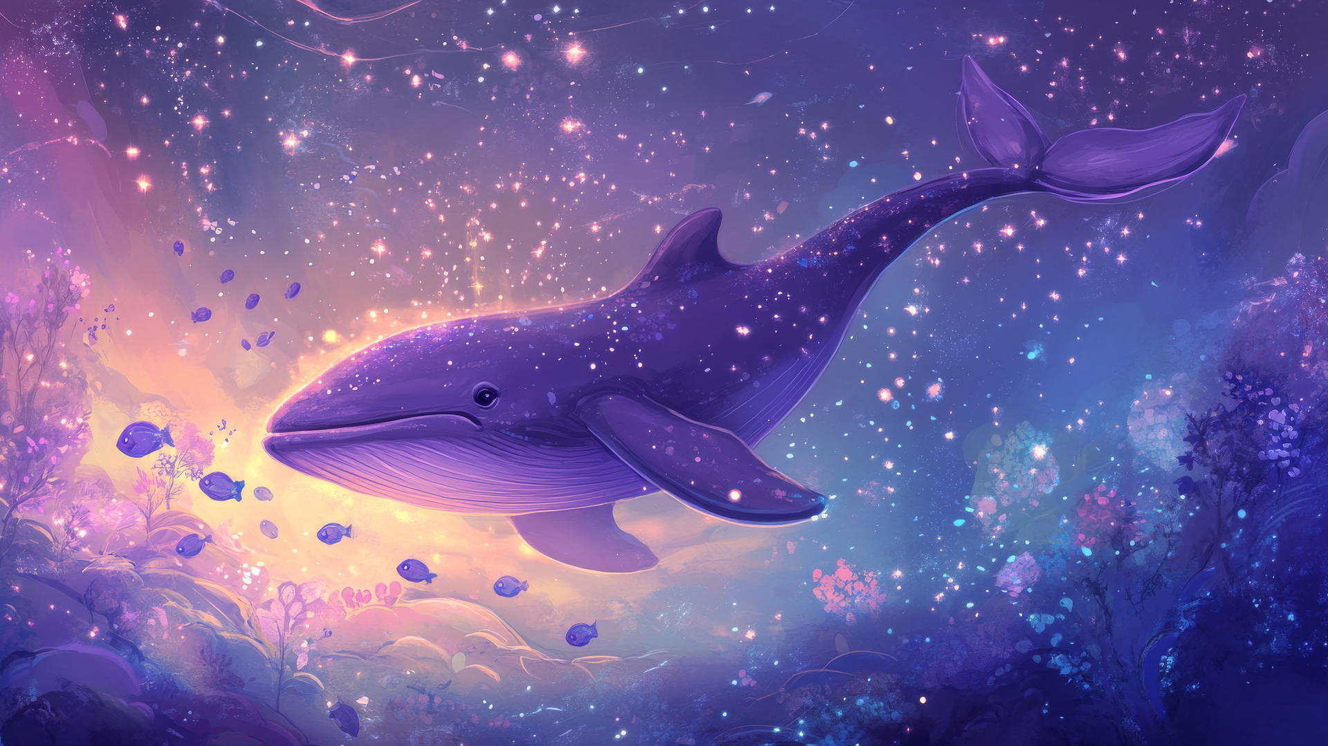 Cute purple wallpaper with a purple whale swimming among pastel stars and waves, tiny fish following.