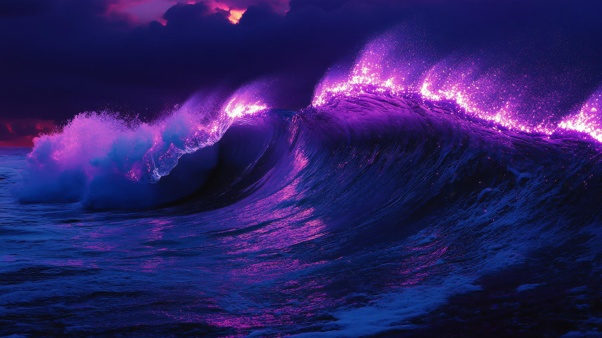 neon purple aesthetic wallpaper with a glowing wave and electric sparks