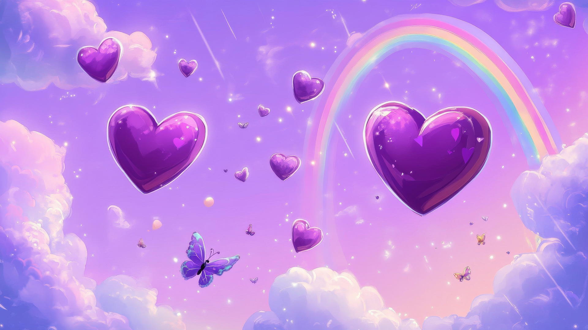 purple heart wallpaper with flying hearts, pastel rainbows, and tiny butterflies