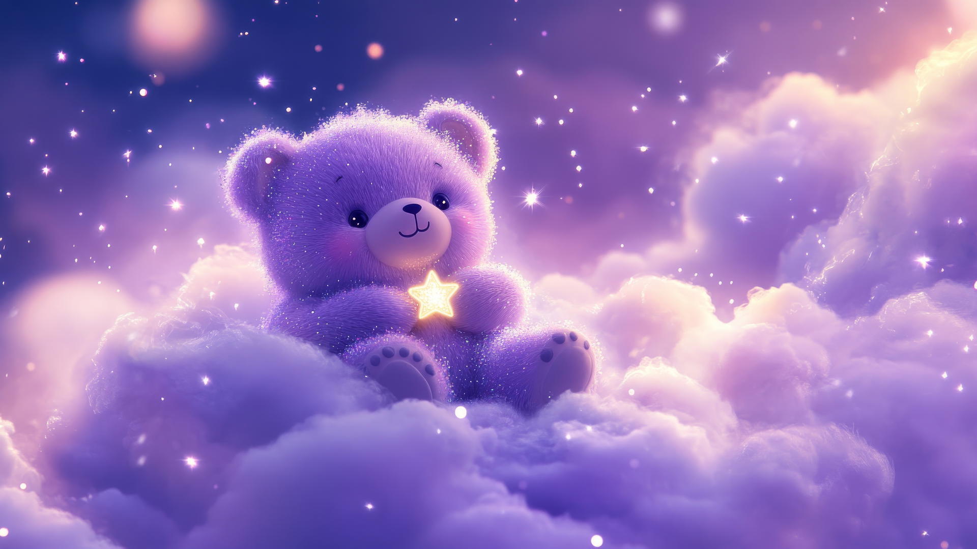 cute purple wallpaper with kawaii bear, tiny star, and twinkling lights