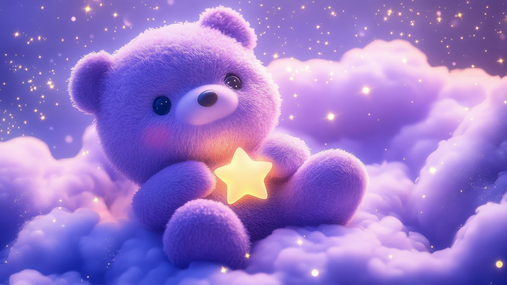 cute purple wallpaper with a kawaii bear holding a tiny star on a lavender cloud