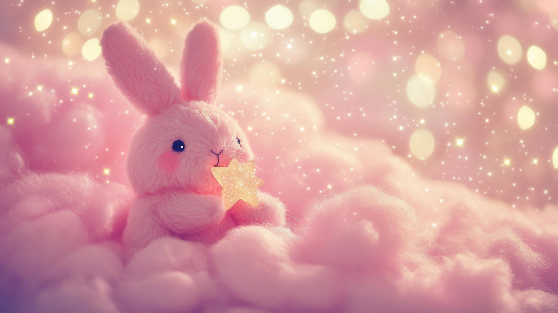 cute pink wallpaper with a kawaii bunny holding a tiny star on a fluffy cloud