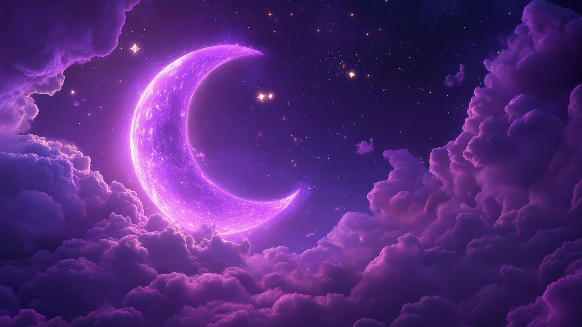 neon purple aesthetic wallpaper with glowing crescent moon, stars, and abstract light trails