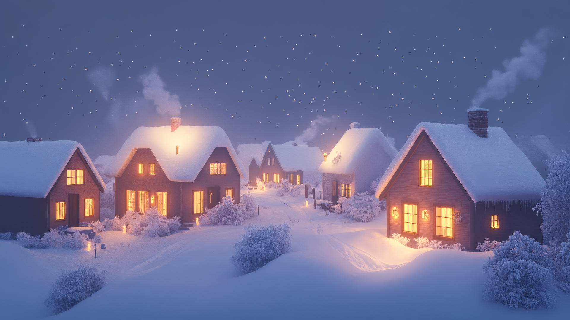 winter aesthetic wallpaper of Scandinavian-inspired village with snowy houses and warm glowing lights