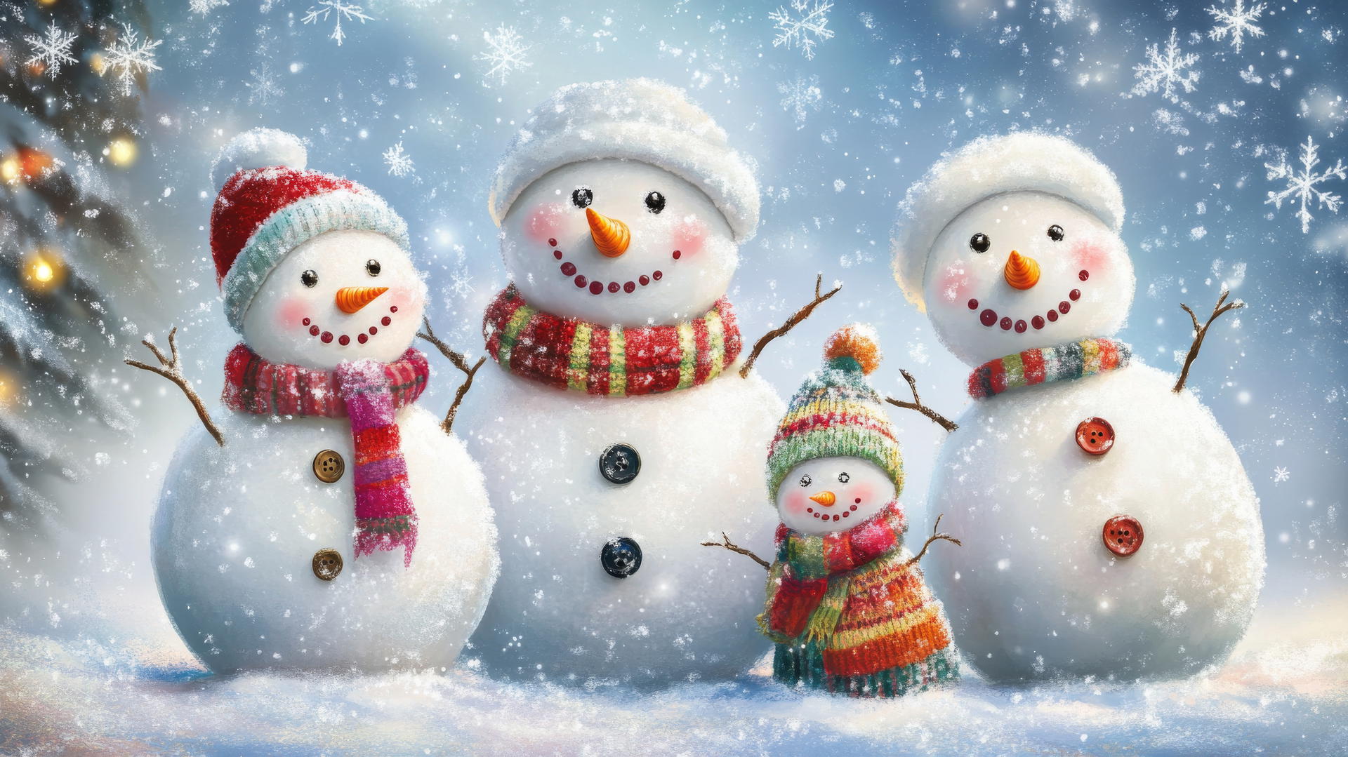 Cute winter wallpaper featuring a smiling snowman family with button eyes and colorful scarves.