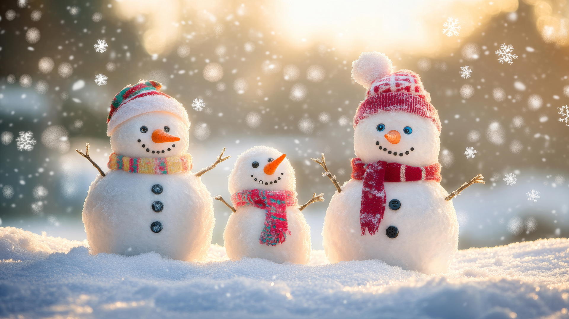 cute winter wallpaper with smiling snowman family and colorful scarves