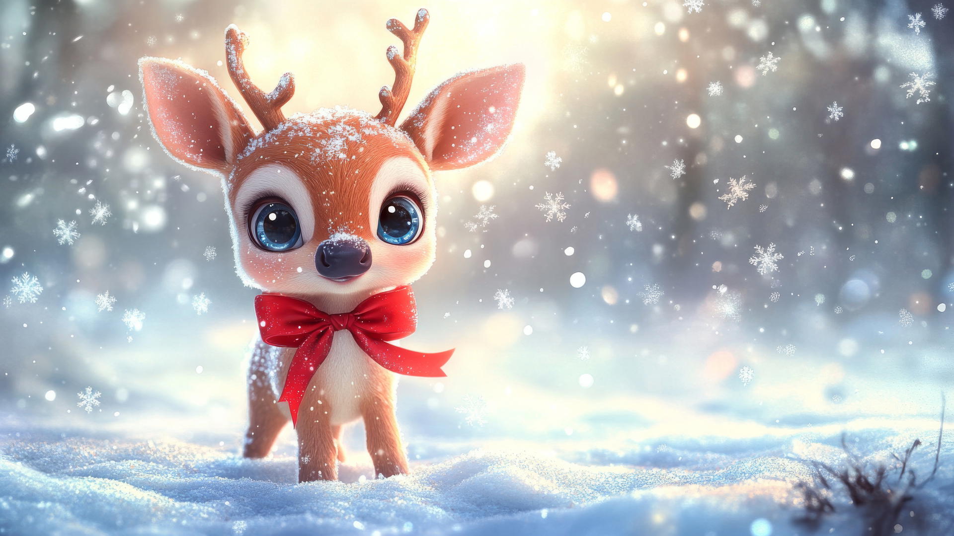 cute winter wallpaper with a baby reindeer in a snowy field