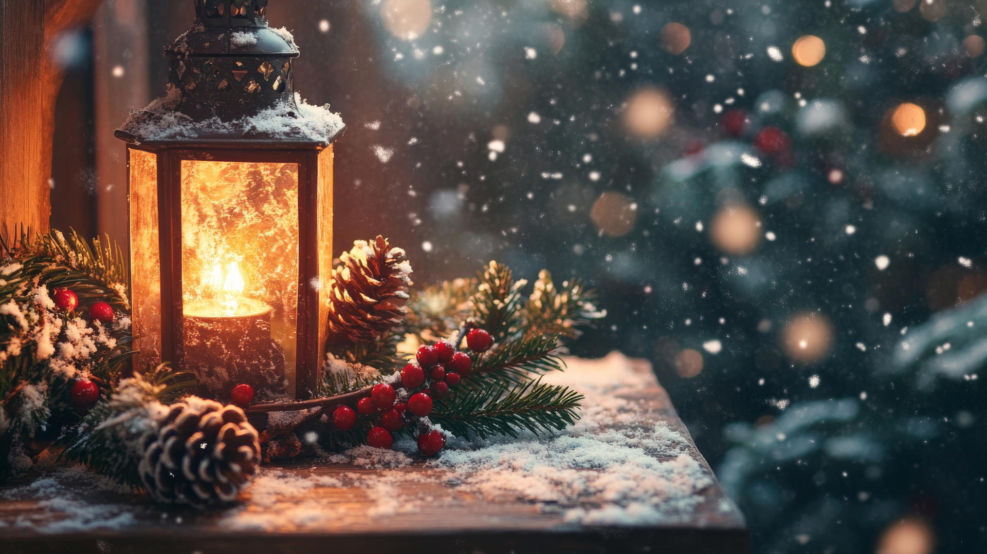 cozy winter iPhone wallpaper with a lantern, pinecones, and holly