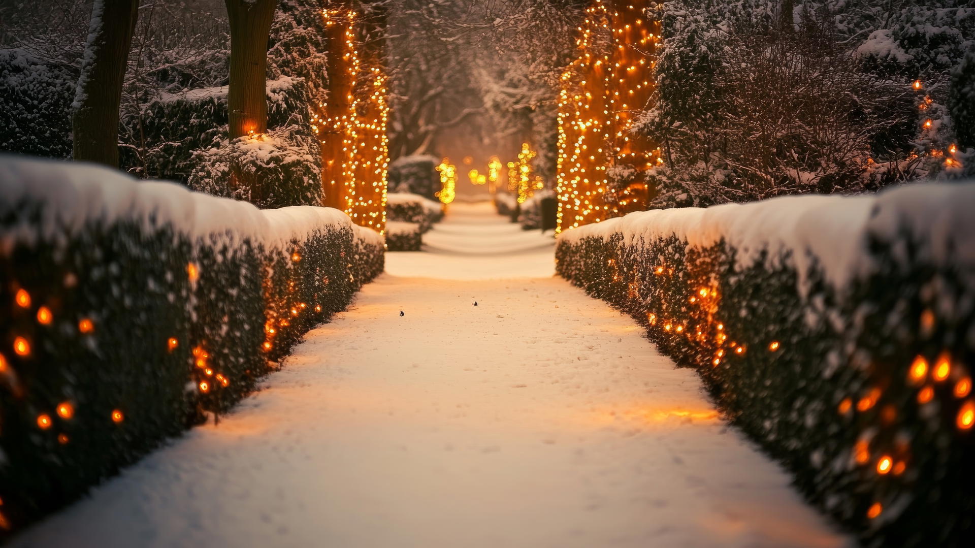 winter wallpaper aesthetic with snow-covered garden path and glowing lights