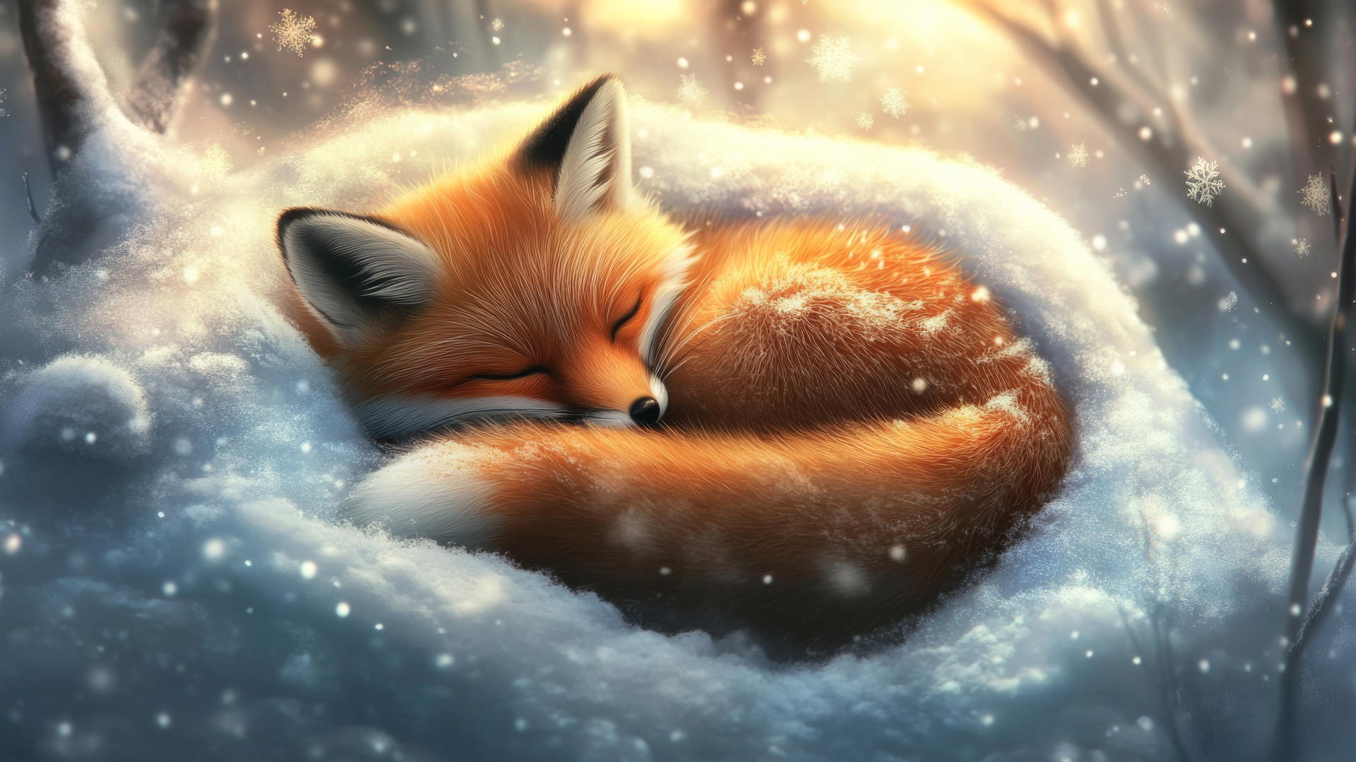 cute winter wallpaper featuring an adorable fox curled up in snow
