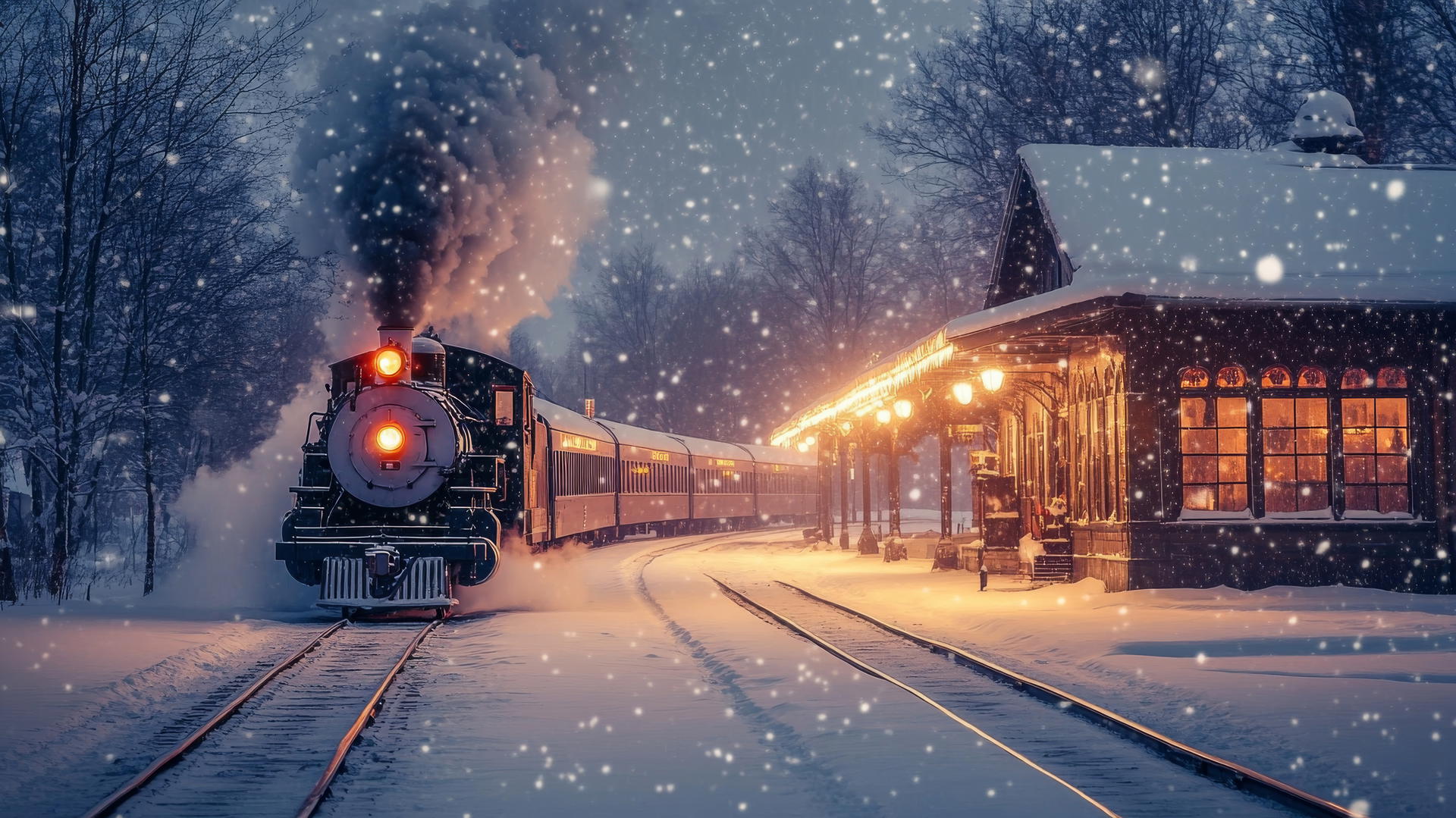 winter background wallpaper with quiet, snow-covered train station at dusk and vintage steam train