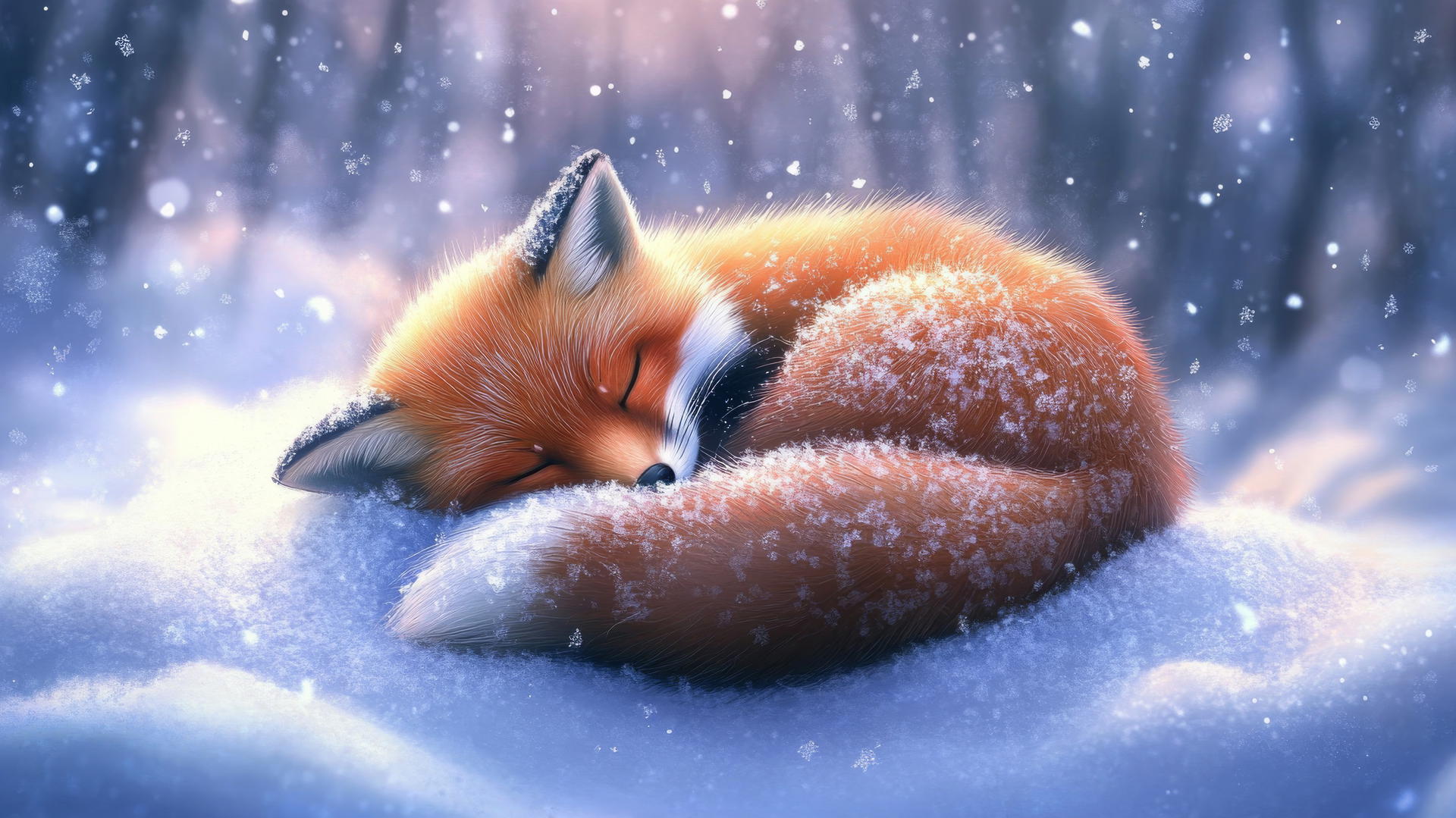 Cute winter wallpaper of a sleepy fox curled up in the snow with snowflakes on its fur
