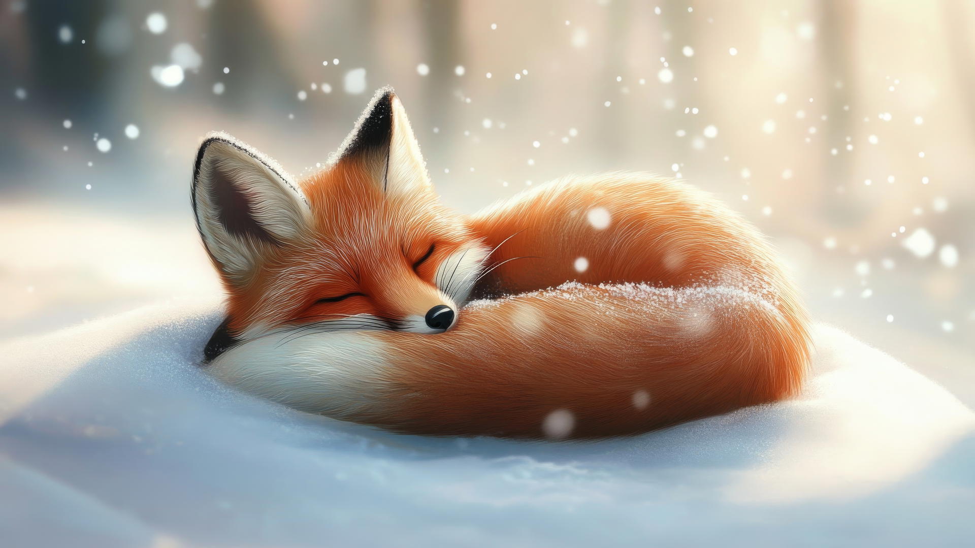 Cute winter wallpaper with a sleepy fox curled in the snow, snowflakes on fur