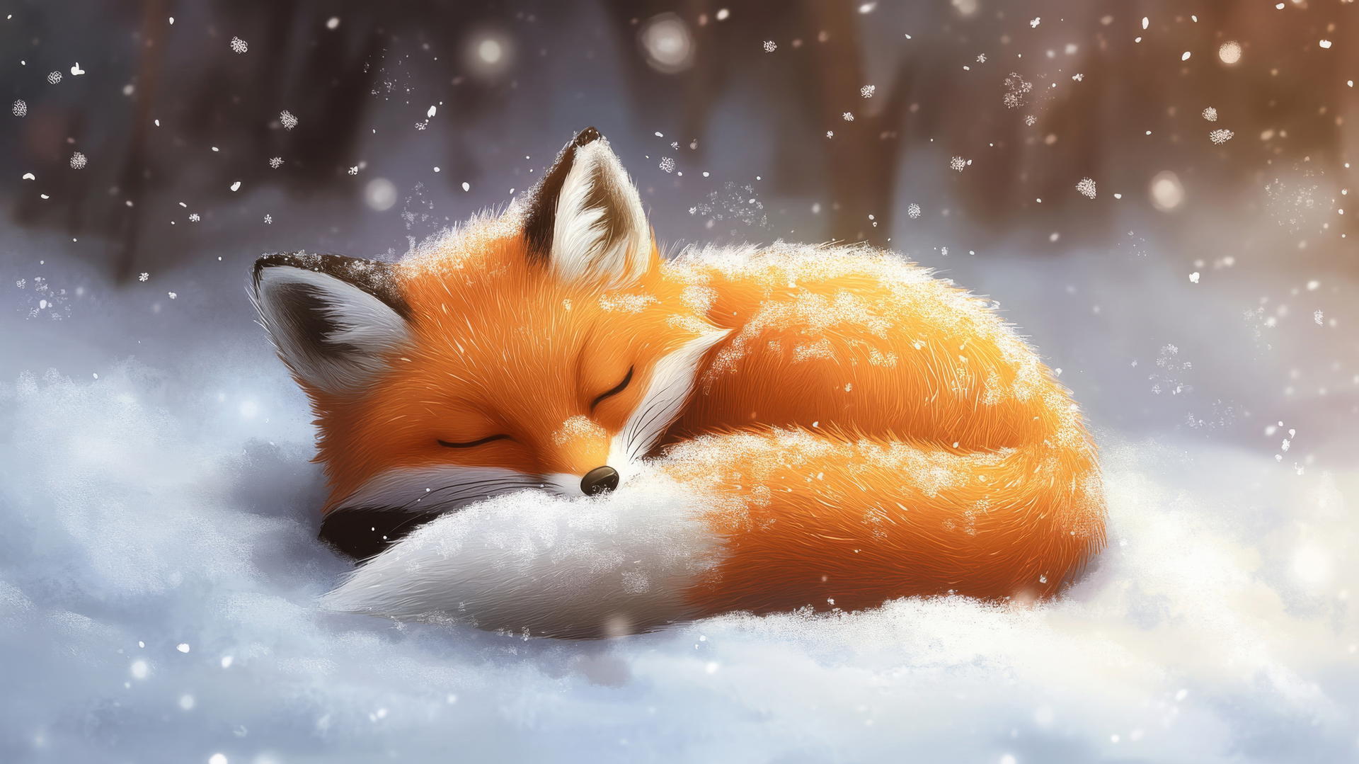 cute winter wallpaper with a sleepy fox curled up in the snow, snowflakes settling on its fur