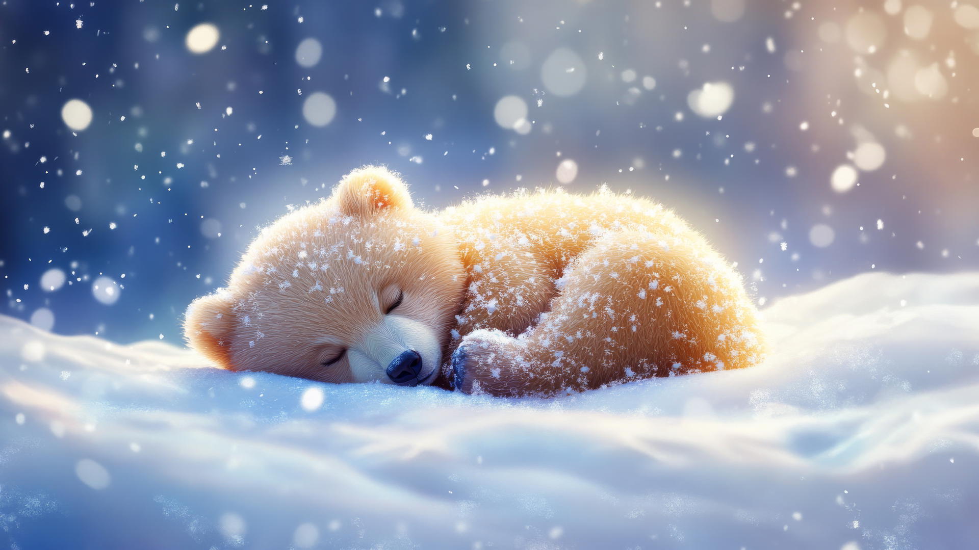 cute winter wallpaper of a sleepy bear curled in the snow with snowflakes