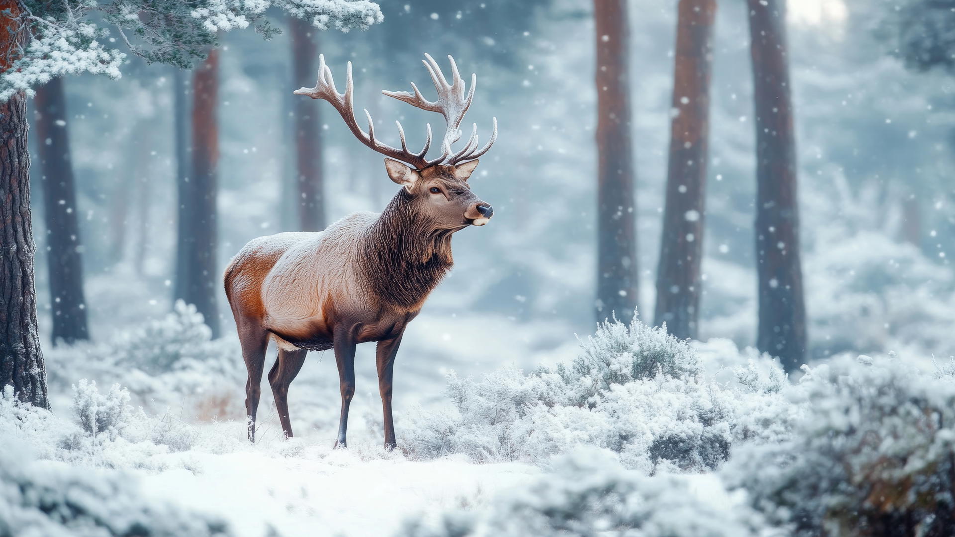 Majestic stag in snowy forest with frosted antlers, beautiful winter wallpaper