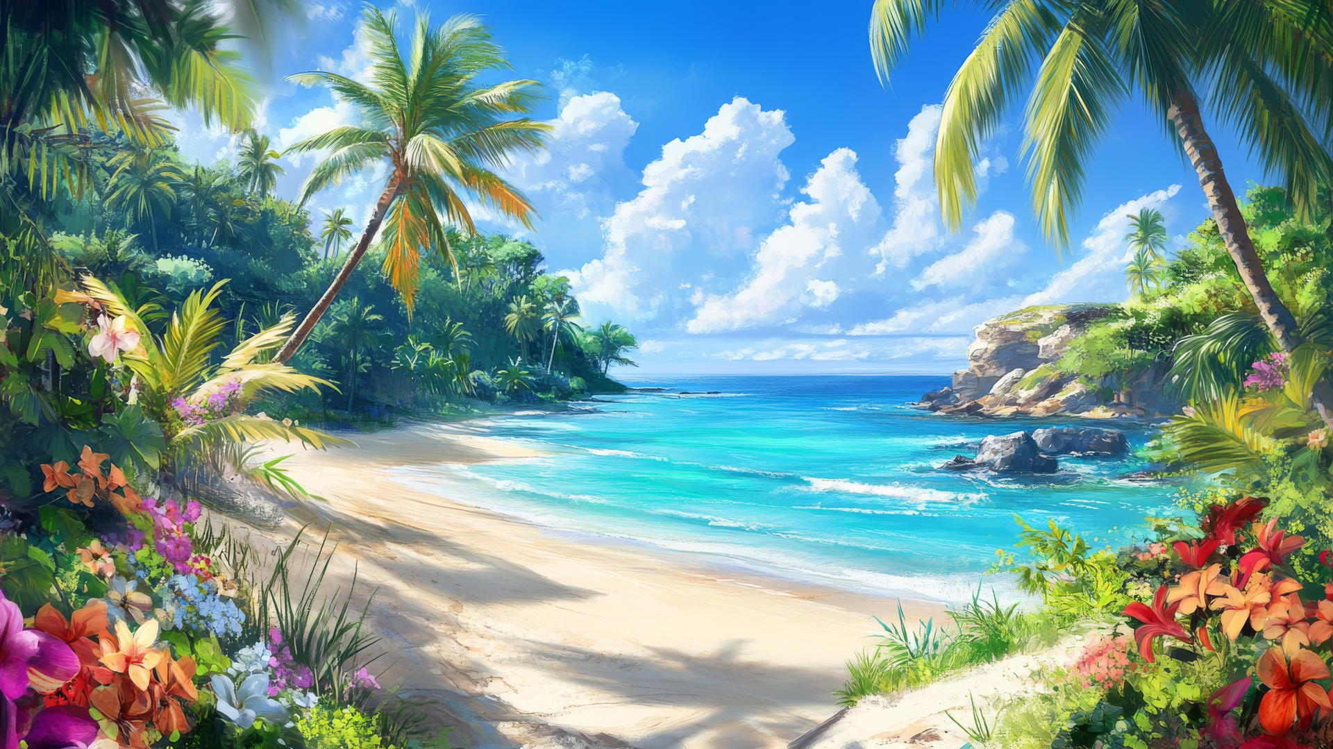 tropical beach wallpaper with vibrant palm trees, turquoise water, and blooming flowers