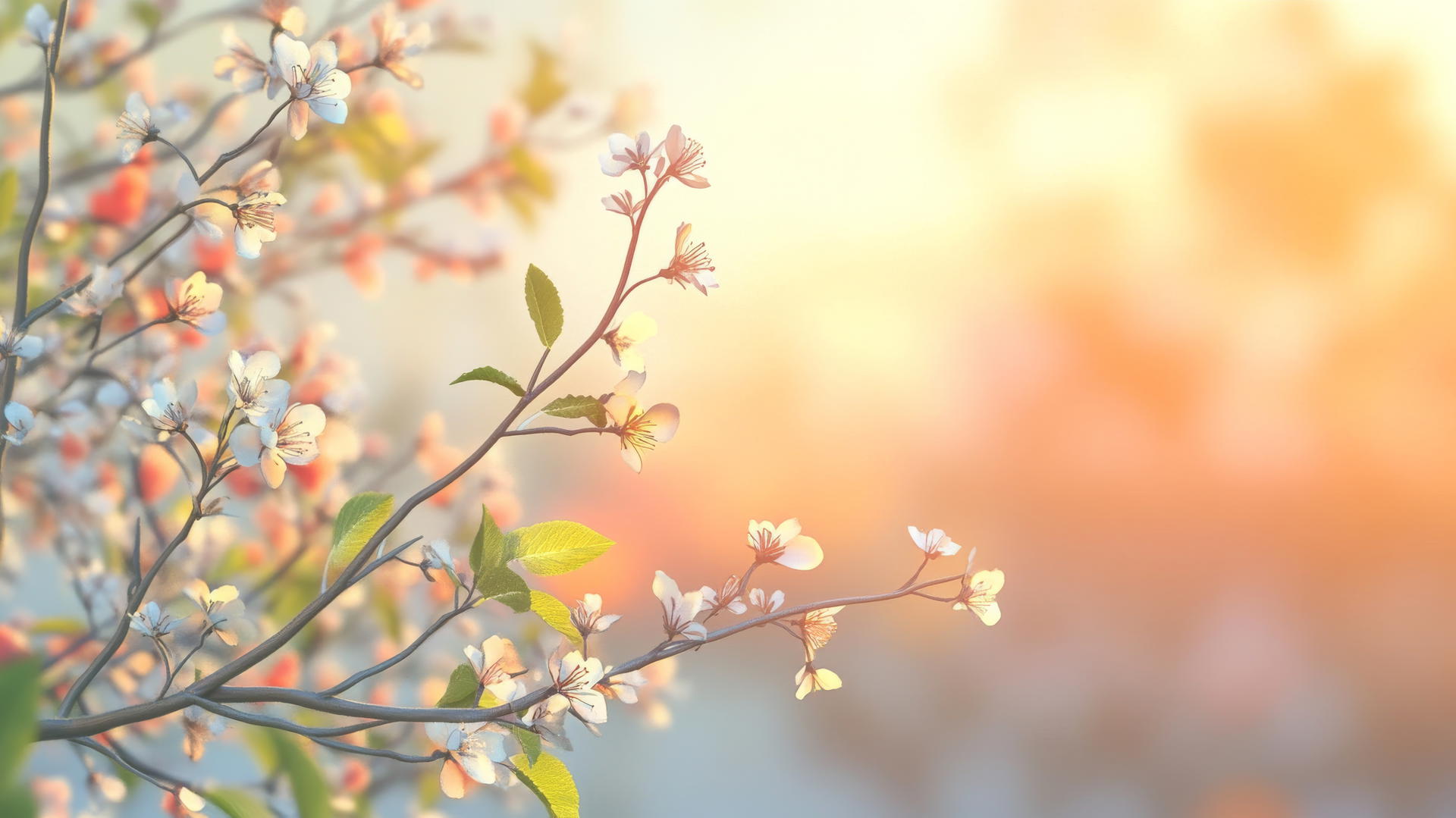 Spring wallpaper with sunlit branches, new growth, and blossoms against a soft sky