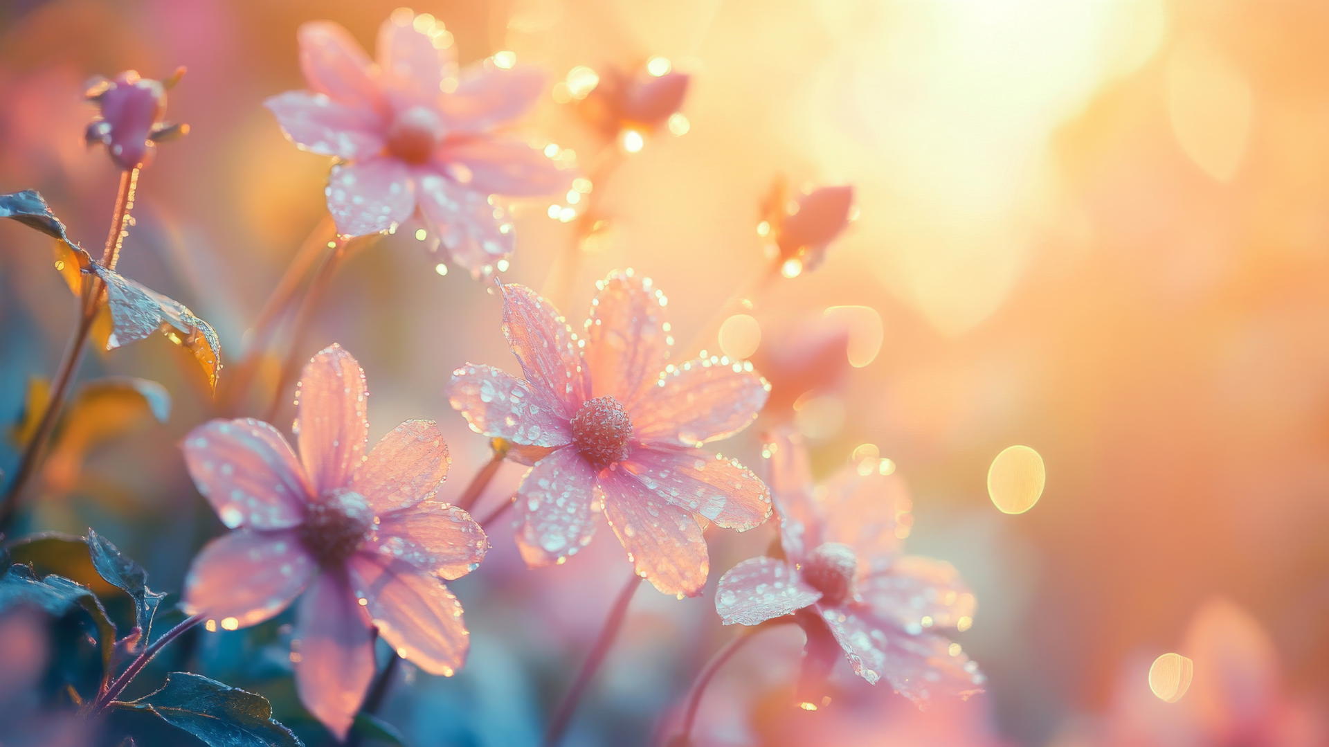 spring wallpaper with misty morning, dew-covered flowers, and soft sunlight