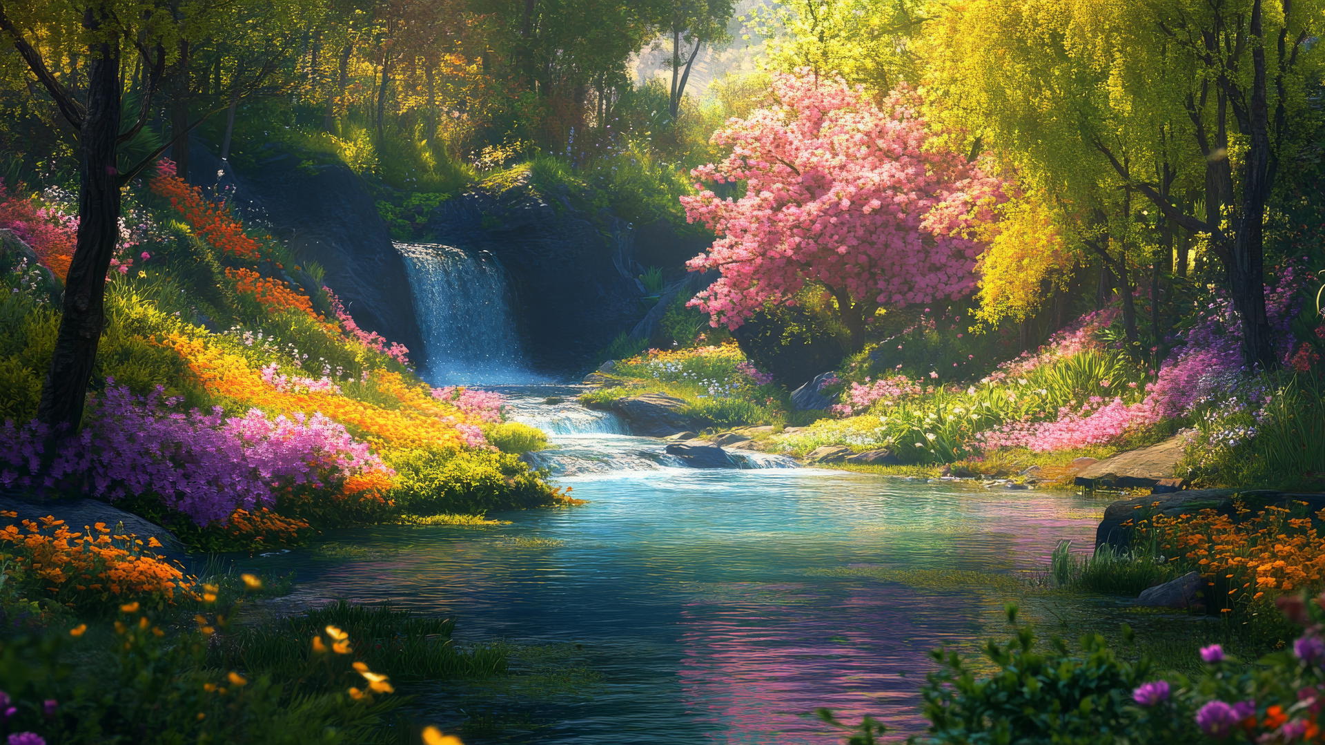 spring wallpaper with flowing river and colorful blooming plants
