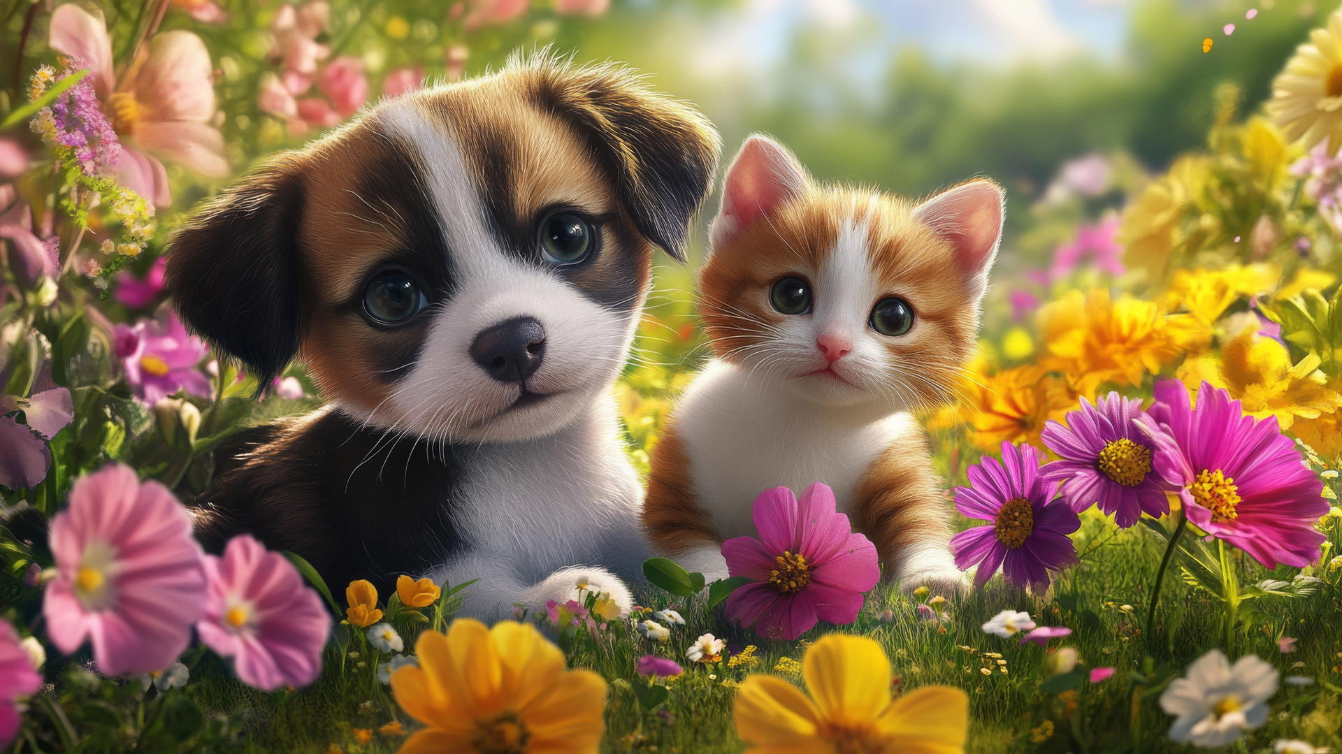 cute spring wallpaper with cartoon puppies and kittens in a flowery meadow