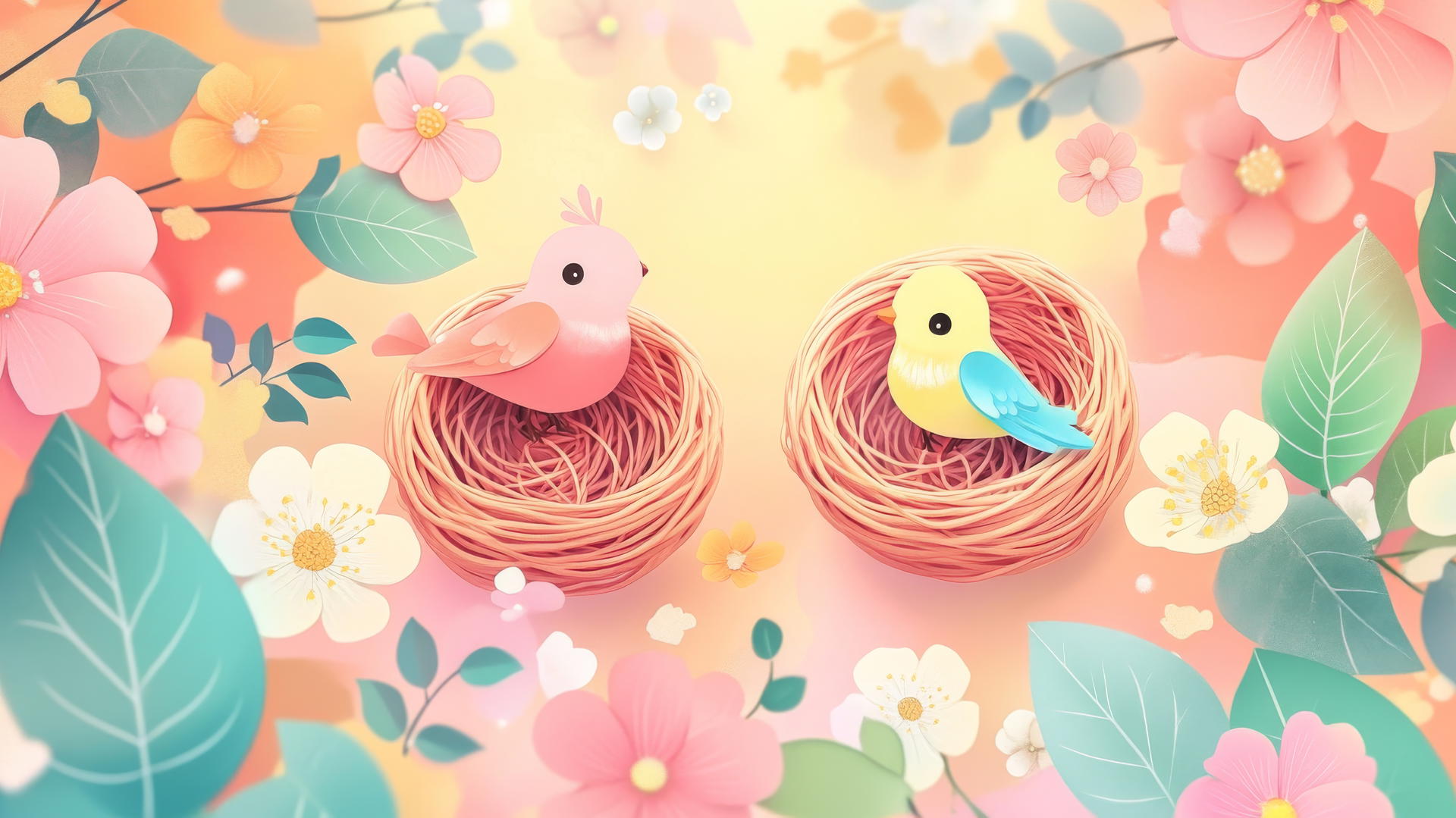 cute spring wallpaper with tiny birds in colorful nests, blossoming flowers and pastel leaves