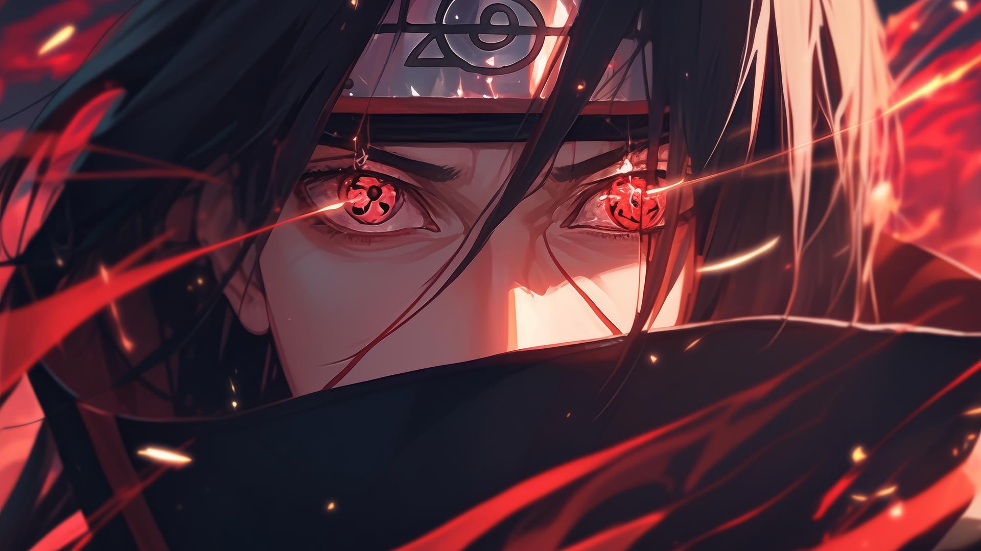 Itachi Uchiha with half-shadowed face and intense gaze