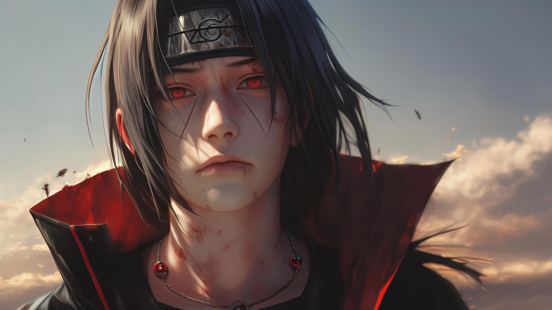 a digital Itachi Uchiha drawing in hyper-realistic style showing facial details