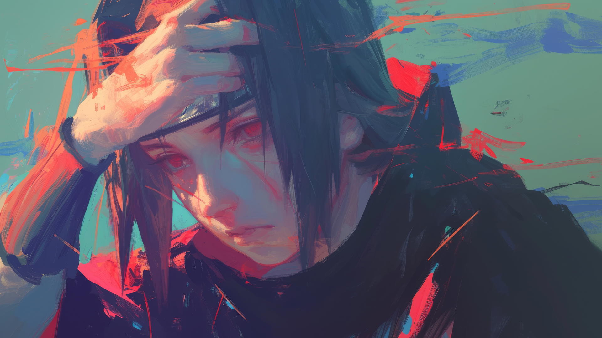 Impressionist Itachi Uchiha drawing with broad brush strokes and vibrant color mixing