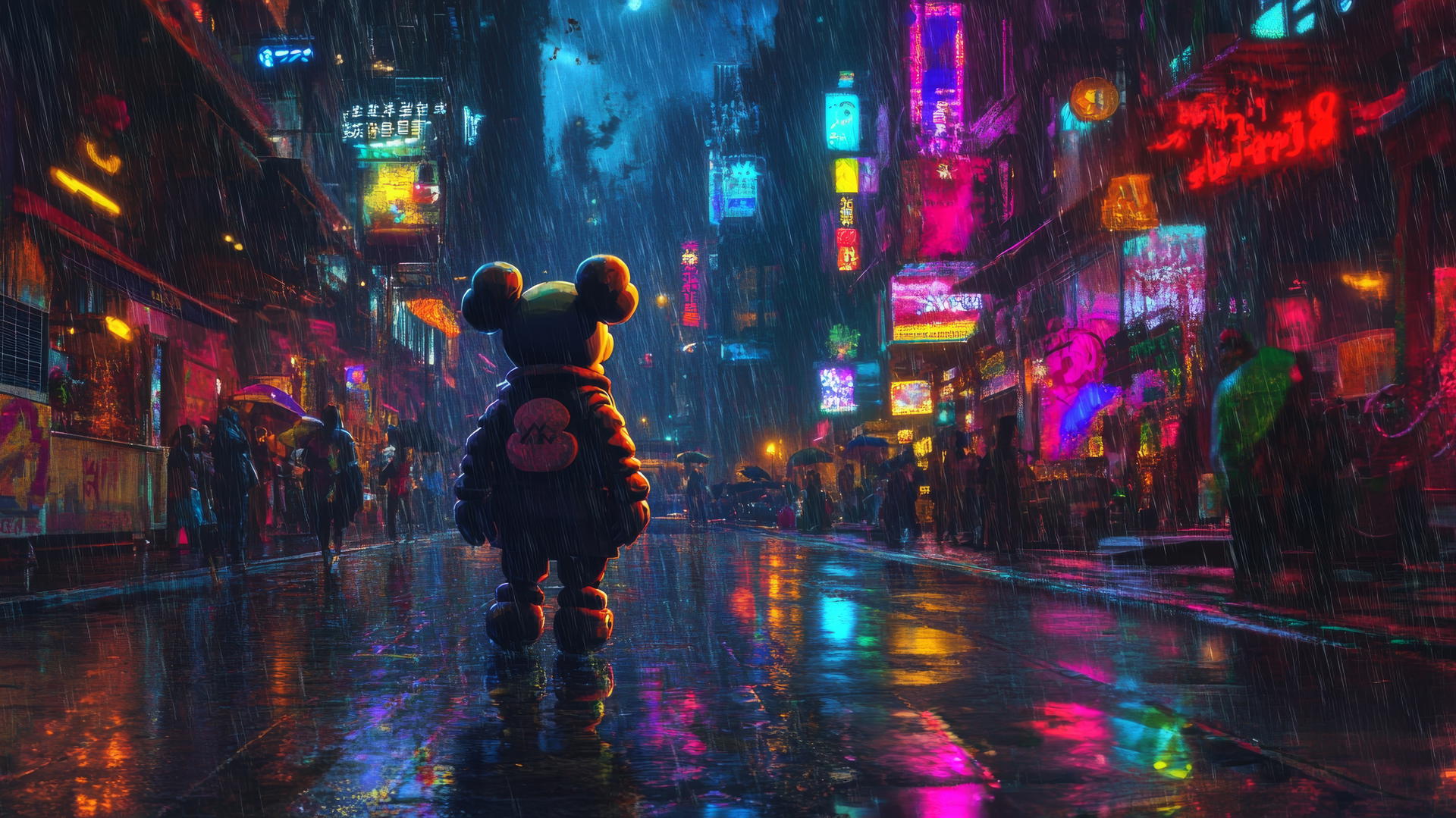 Kaws artwork of Companion character on rain-soaked urban street