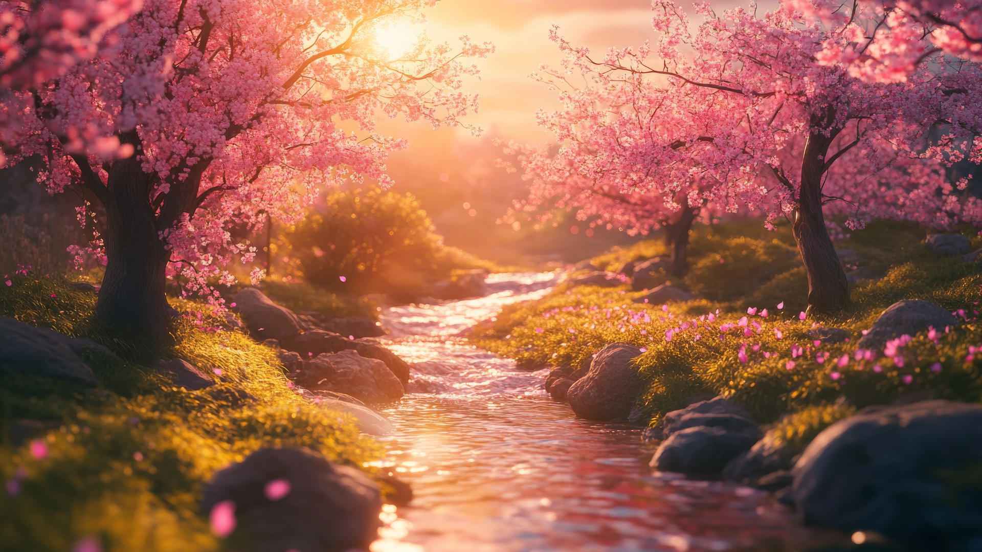 spring aesthetic wallpaper with blooming cherry blossoms, streams, and warm light