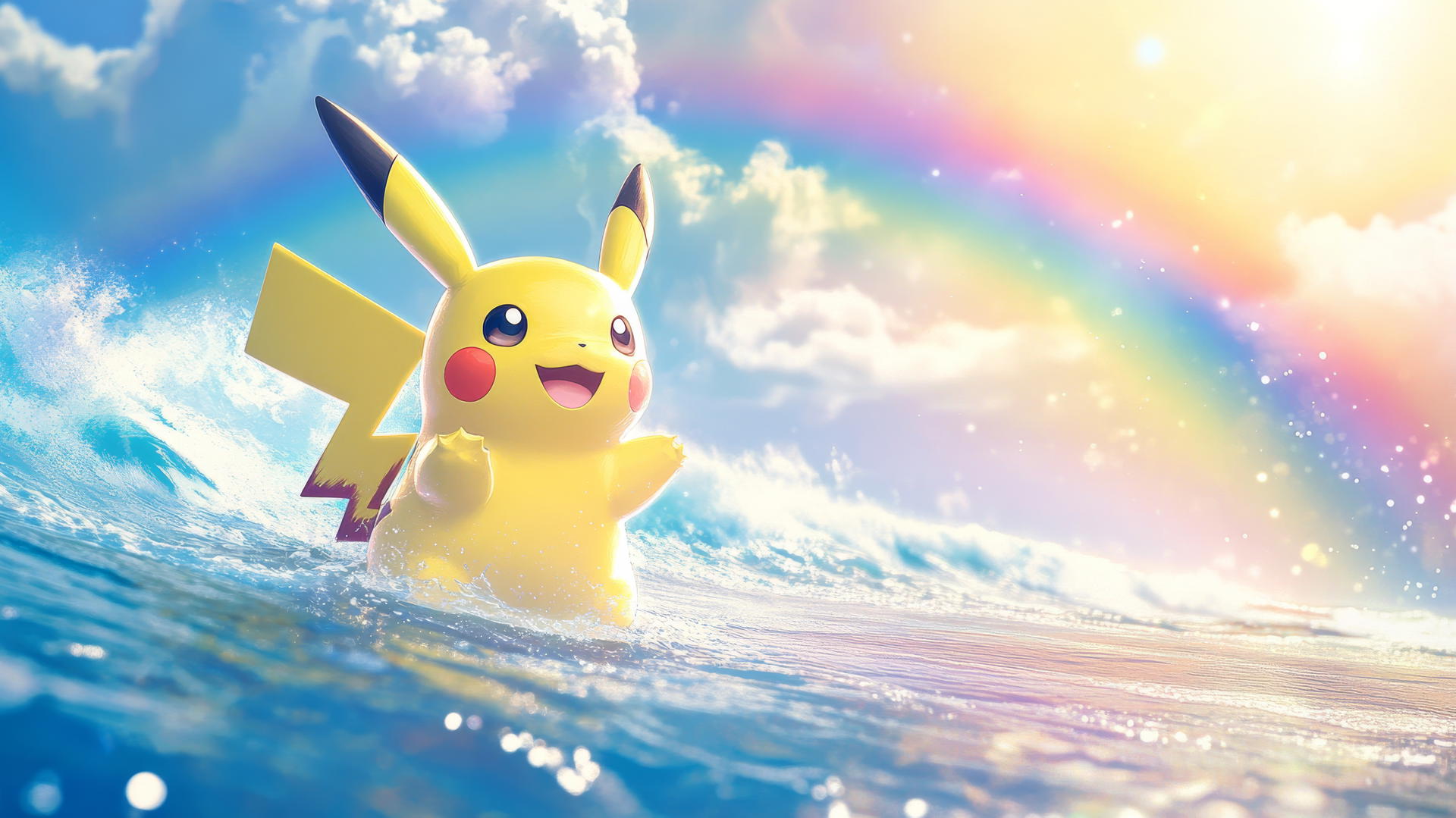 Pikachu surfing on a calm ocean under a rainbow