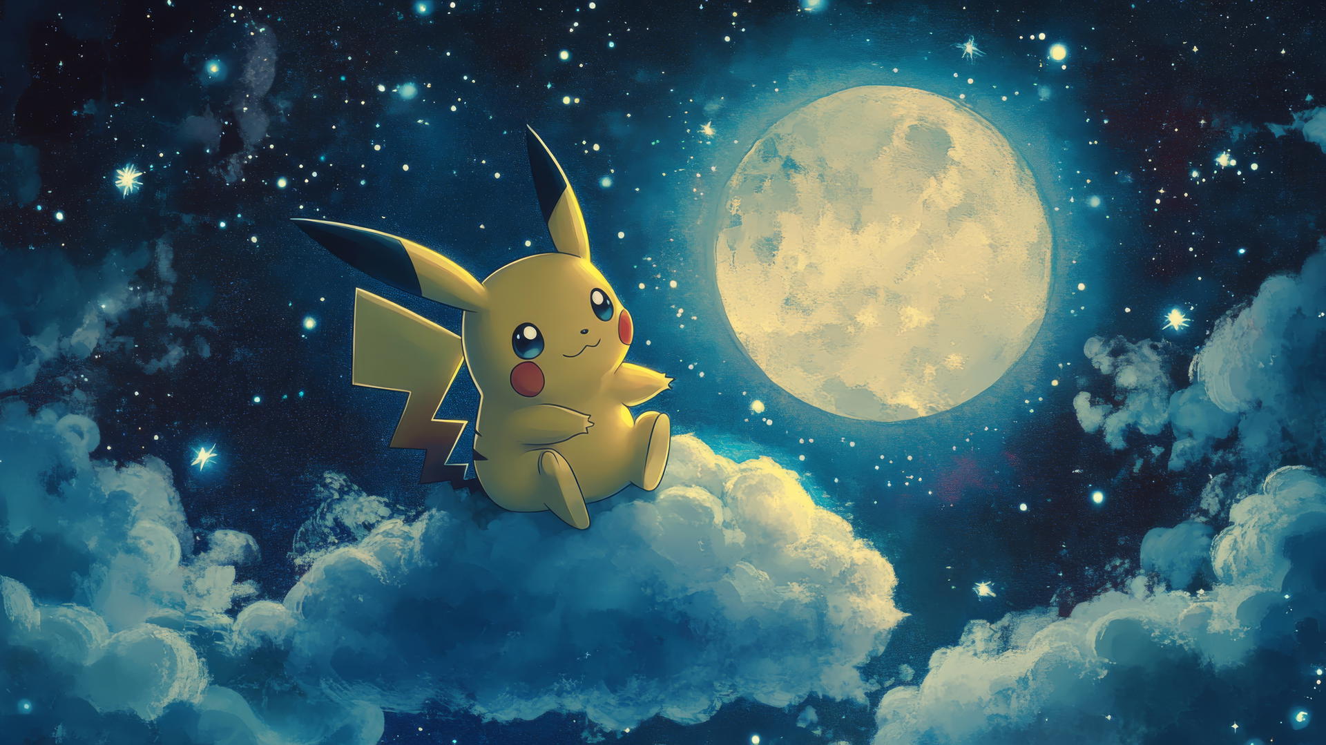 Pikachu riding a cloud through a magical, glowing night sky