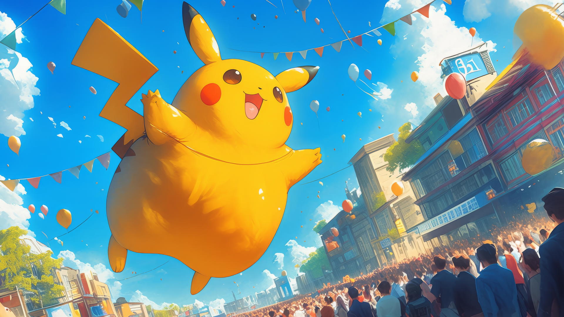 Fat Pikachu as a giant inflatable parade balloon above a city