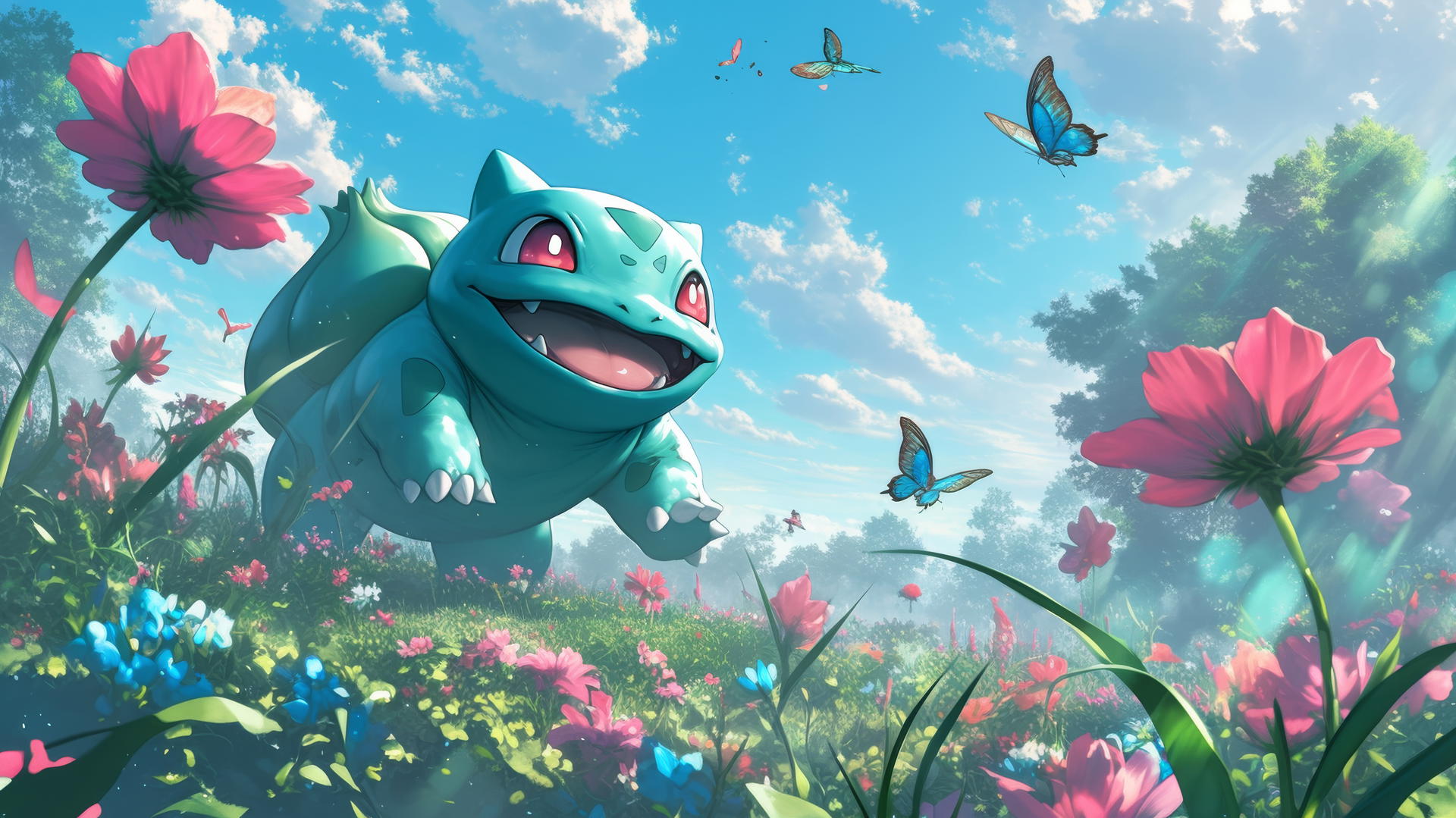 Pokemon Bulbasaur chasing butterflies in a garden of vibrant oversized flowers