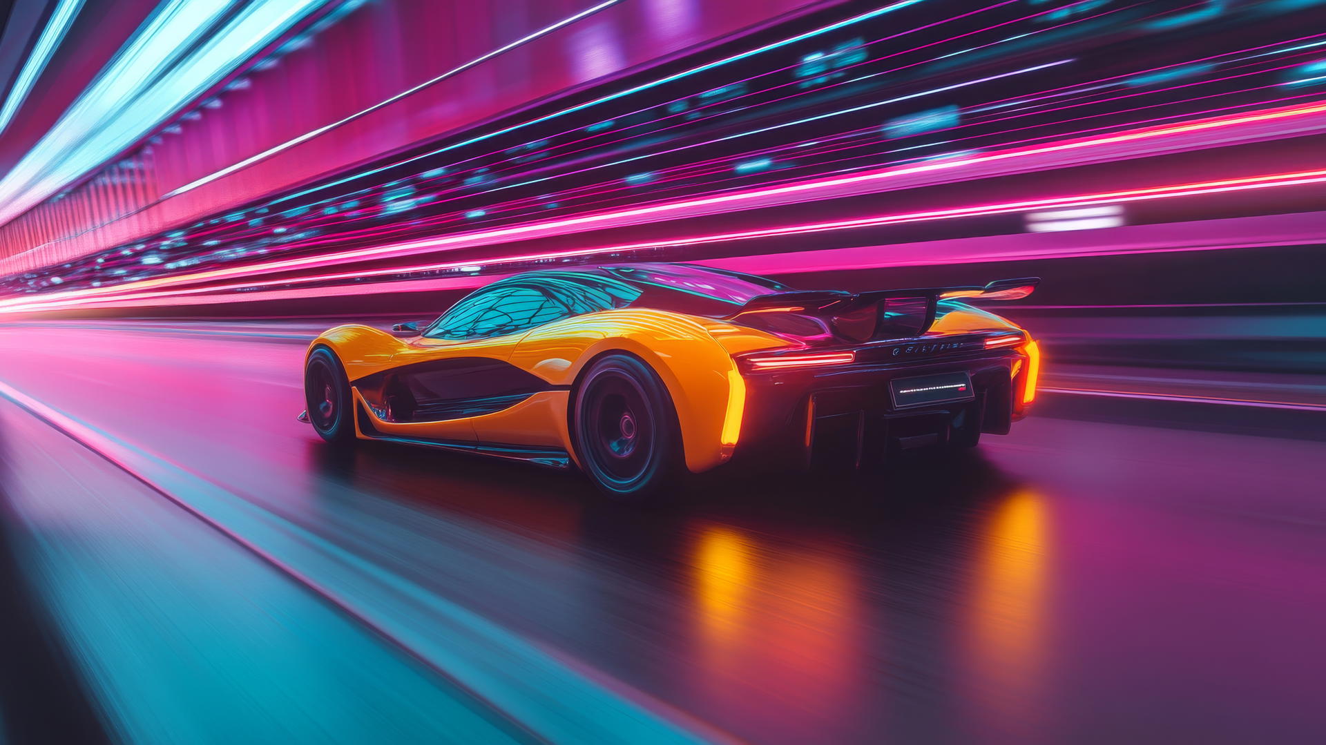 A fierce sports car speeding on a neon-lit highway at night with motion blur, cool wallpapers for boys
