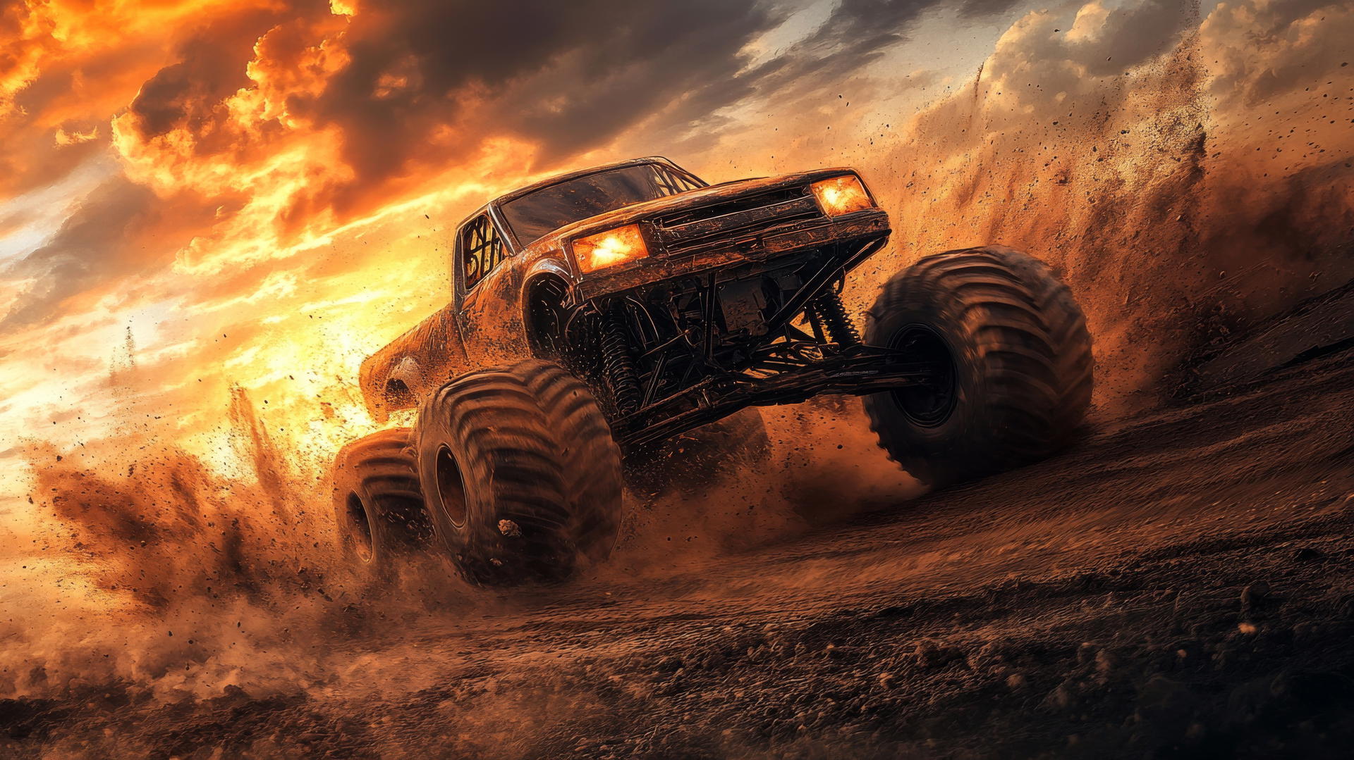 cool wallpapers for boys, monster truck flying over ramp at sunset with dust clouds