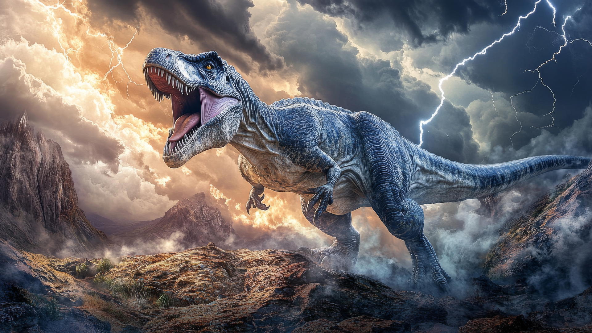 A fierce dinosaur roaring on rocky terrain with storm clouds and lightning strikes, cool wallpapers for boys