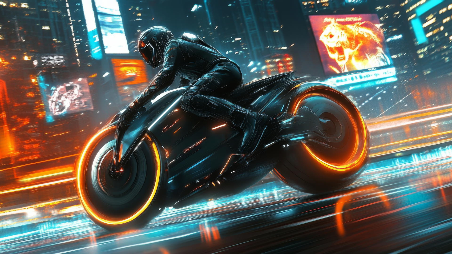 Futuristic motorcycle racing through high-tech city with holographic billboards, cool wallpapers for boys