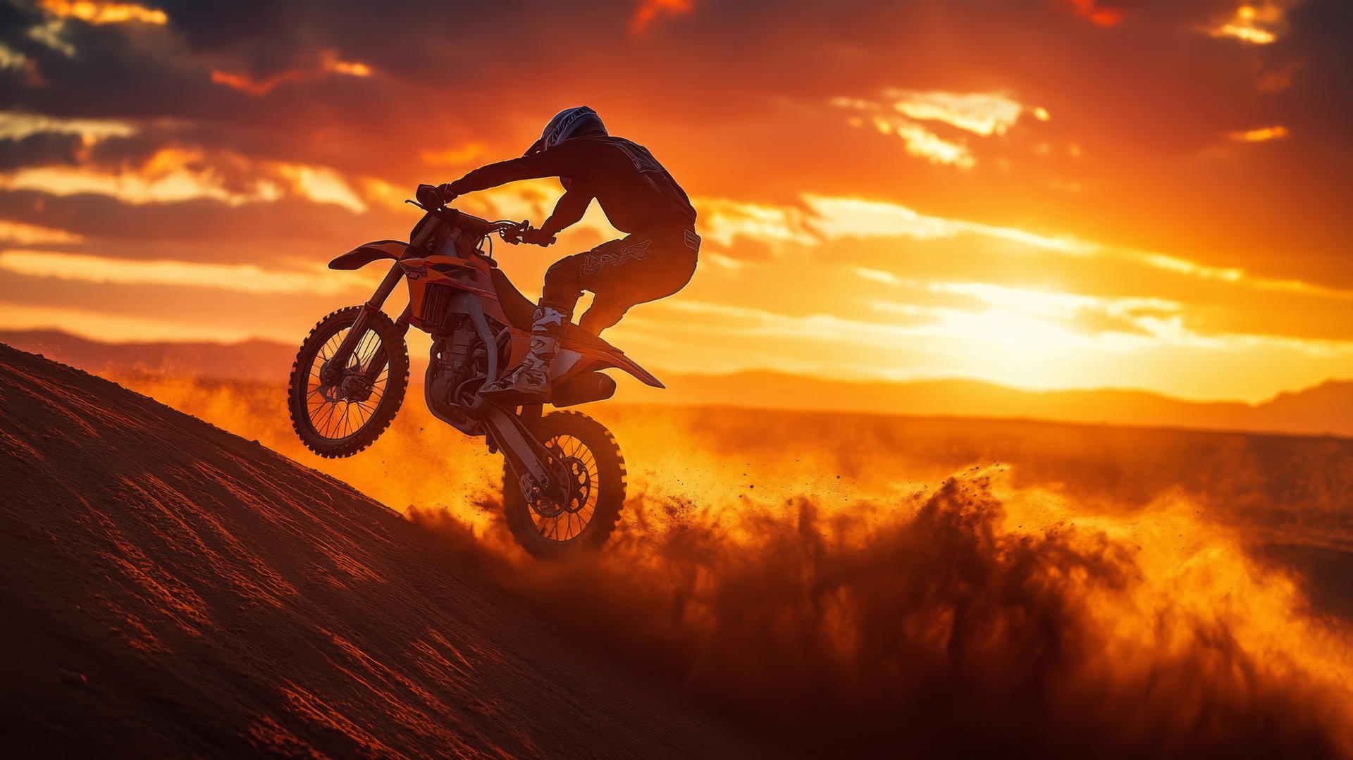 cool wallpapers for boys, motocross biker launching off a dirt ramp in the desert at sunset