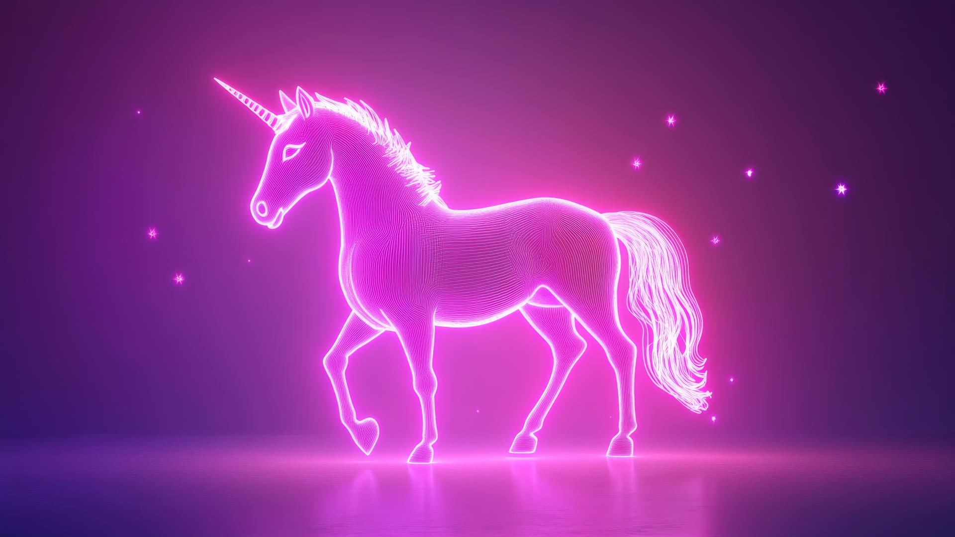 Glowing unicorn silhouette in neon on pastel background with star accents