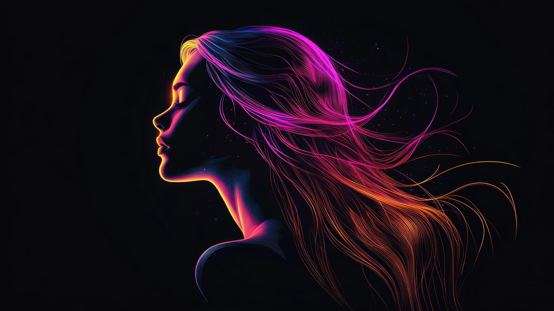 Minimalist girl face silhouette with neon outlines on black