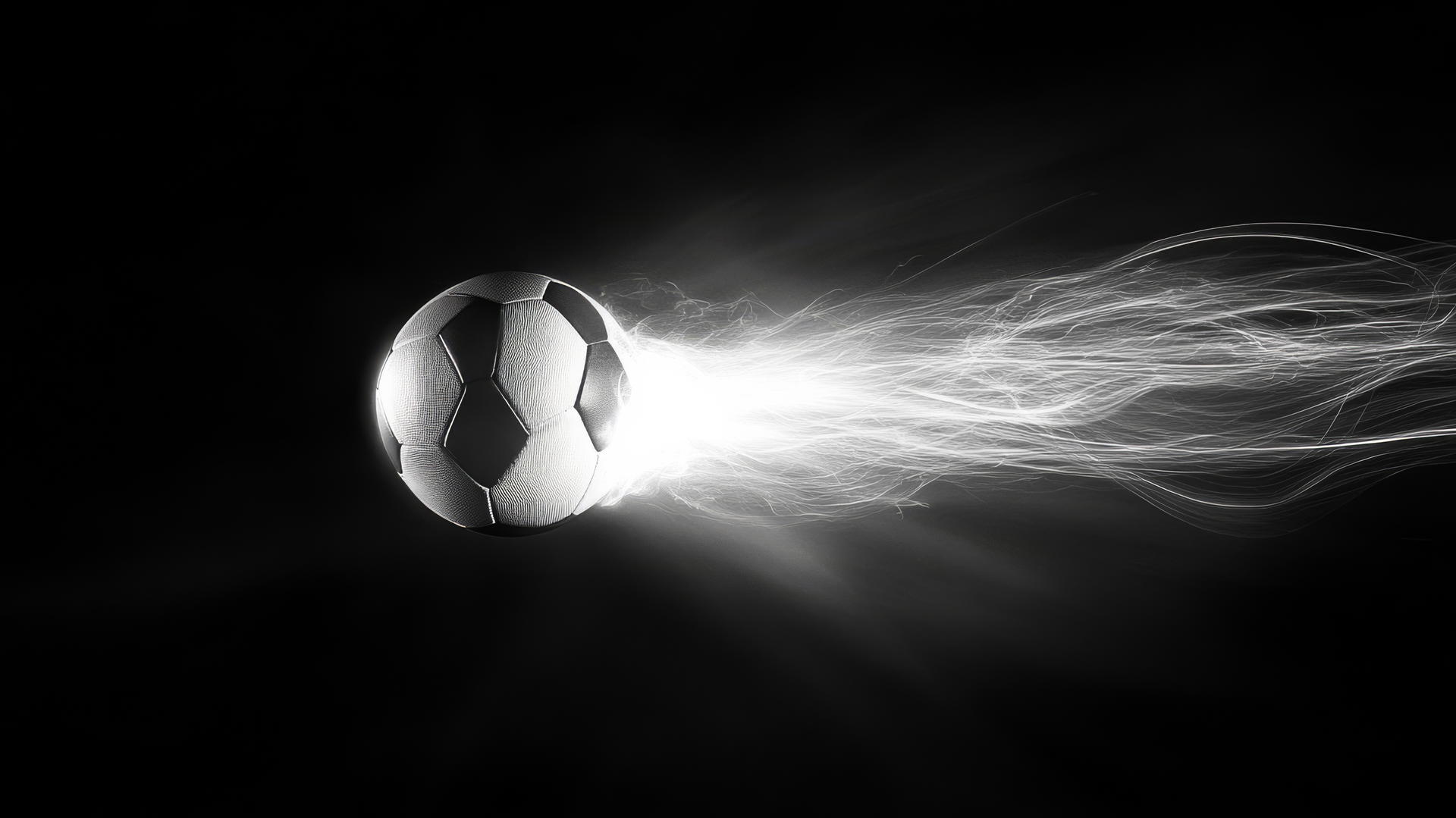Glowing outline of a football with light trails against a black and white background